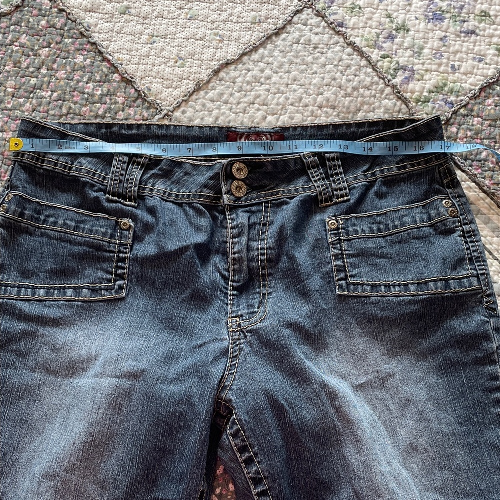 Angels Dark Blue Denim Shorts with Contrast stitching and fold-over hem, size 12 - Picture 7 of 10